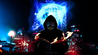 Hooded firestick cityscape neoism cyberpunk - dystopian art free wallpaper