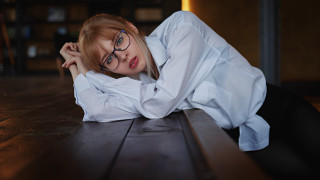 Woman glasses woodenfloor whiteblack hands - black pants free wallpaper