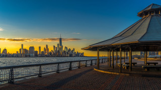 Gazebo pier city skyline sunset - a gazebo free wallpaper