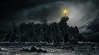 Lighthouse rock ocean night fantasy - a rock in the middle of the ocean free wallpaper