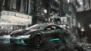 Futuristic car rainy cityscape cyberpunk - matte drawing free wallpaper for desktop
