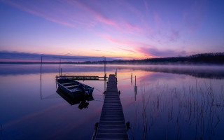 Dock boat fog mountain sunset - lake free wallpaper
