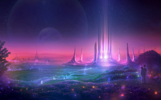 Futuristic city night rainbow stars - chris moore free wallpaper
