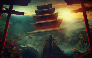 Man bridge pagoda forest sunset - a bridge in front free wallpaper