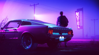 Man car motel foggy night - outrun free wallpaper