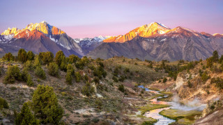 Mountain river forest sunset bridge - a few tree and bushes free wallpaper