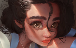 Closeup girl necklace blue shirt - art station free wallpaper for desktop