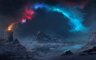 Snowy mountain night sky aurora - a colorful sky free wallpaper