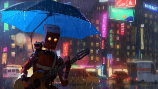 Robot guitar rain umbrella cyberpunk - a robot holding free wallpaper