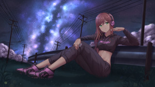Girl headphones nightsky stars clouds - headphone free wallpaper