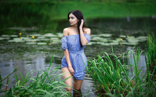 Woman blue dress pond lily 2 - lily pad free wallpaper