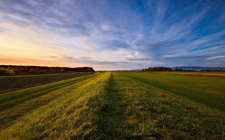 Field road sky clouds ocean - wide angle len free wallpaper