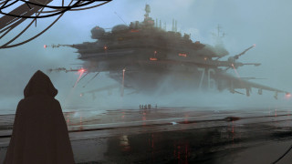 Large ship shoreline person retrofuturism - a shore line free wallpaper