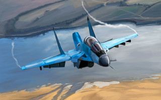 Blue fighter jet desert mountains - abram arkhipov free wallpaper