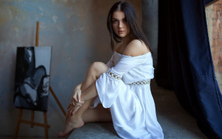 Woman sitting white dress painting 2 - a painting of a woman free wallpaper