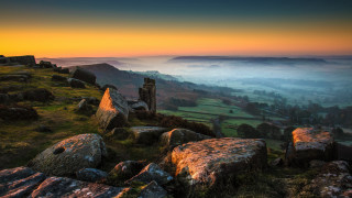 Valley rocks grass sunset fog - a view of a valley free wallpaper