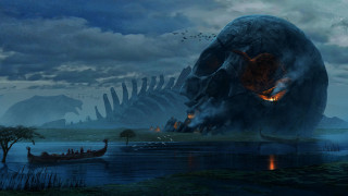 Giant dinosaur water boat fantasy - a boat in front free wallpaper