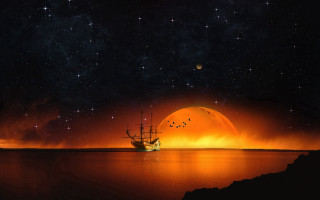 Full moon starry sky ship - a. hardy free wallpaper