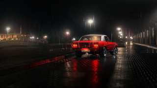 Red car night rain city - a wet road free wallpaper