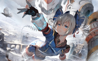 Woman blue outfit gun flying - stanley artgerm lau free wallpaper