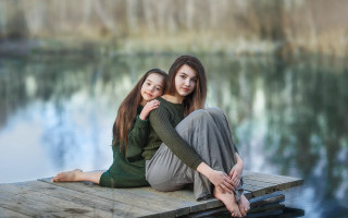 Lake dock two women brown - portrait photography free wallpaper