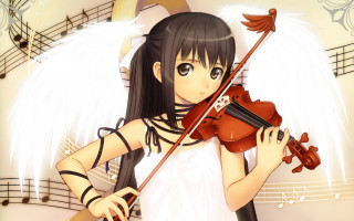 Girl long hair holding violin 2 - music note free wallpaper
