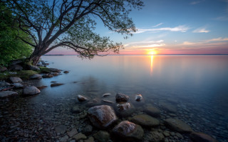 Tree lake sunset clouds mountain - sunset time free wallpaper