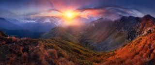 Mountain sunset clouds forest lake - crepuscular ray free wallpaper