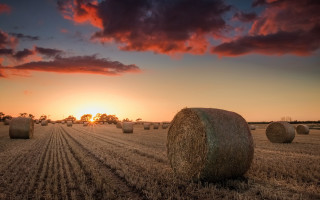 Hay bales sunset clouds art - the foreground and a sunset in the background free wallpaper