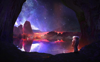 Cave man staring at starry - a space free wallpaper