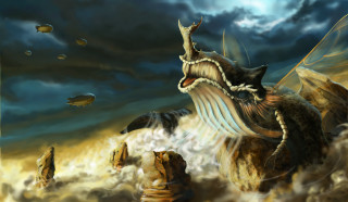 Dragon bird fish painting artwork - in the sky free wallpaper
