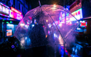 Night city neon umbrella rain - night time in a city free wallpaper