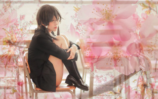 Woman sitting cherry blossoms floral - a chair in a room free wallpaper for desktop