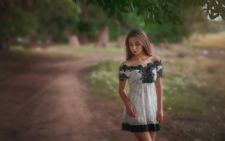 Woman white dress green tree - fashion photoshoot free wallpaper