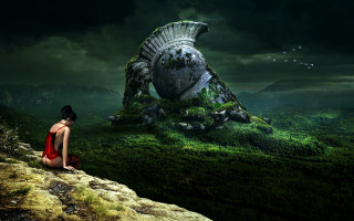 Woman red dress giant creature - apelle free wallpaper