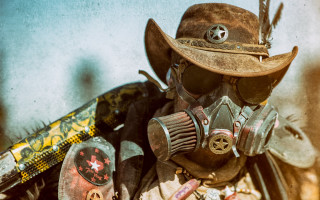 Man gasmask hat feather pipe - a feather free wallpaper