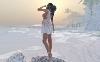 Woman white dress ocean sunset - soft light free wallpaper