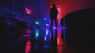 Man street night neon cyberpunk - a neon free wallpaper