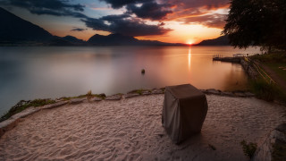 Sunset beach lake mountains urban - sandy free wallpaper for desktop