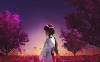 Girl field flowers pink headband - a purple sky behind her free wallpaper
