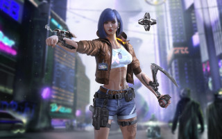 Futuristic woman cyberpunk neon city - realistic character concept free wallpaper