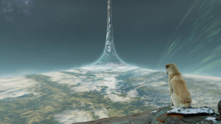 Dog sitting rock tower sky - star citizen halo free wallpaper