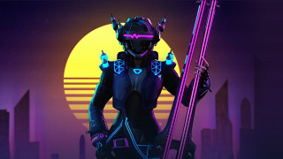 Futuristic suit skier neon city - synthwave style free wallpaper