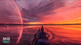 Sunset water dock rainbow mountain - alena aenami free wallpaper for desktop