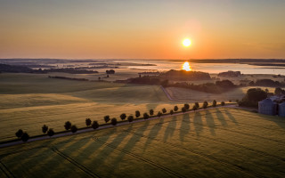 Sunset farm water trees puzzle - german romanticism free wallpaper