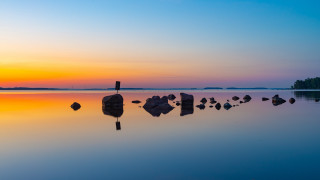 Lake rocks flag sunset dawn - akseli gallenkallela free wallpaper