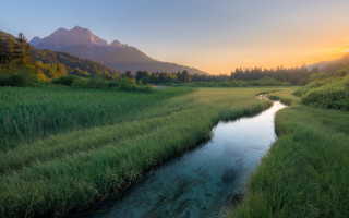 River green field mountain sunset - mountain range free wallpaper for desktop