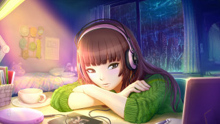 Girl headphones laptop coffee table - headphone free wallpaper for desktop