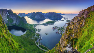 Mountain lake forest bridge sunset - scenic free wallpaper for desktop