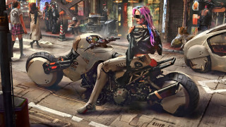 Woman motorcycle city street cyberpunk - cyberpunk style free wallpaper